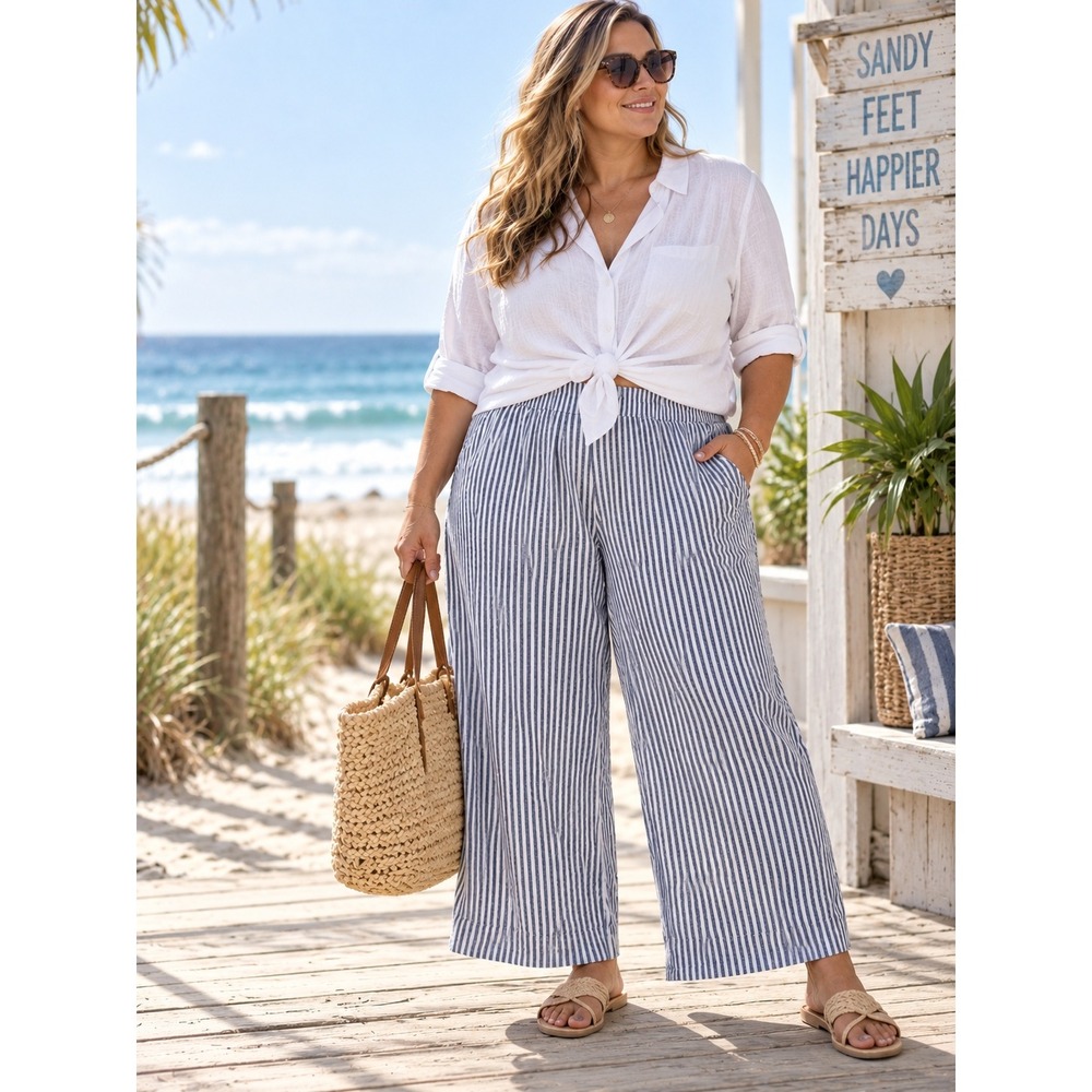 Old Navy Wide Leg Pants Women 2X Gray White Striped Linen Blend High Rise Pocket